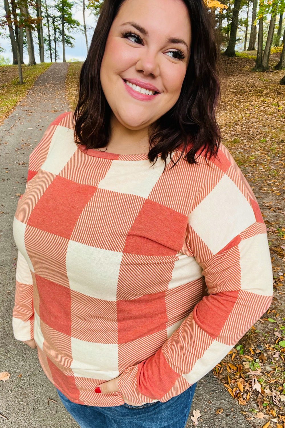 Rust Checker Plaid French Terry Top - Bitsy Gypsy Boutique