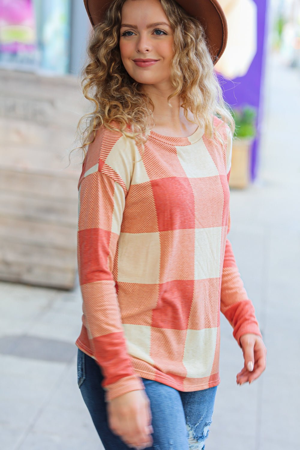Rust Checker Plaid French Terry Top - Bitsy Gypsy Boutique
