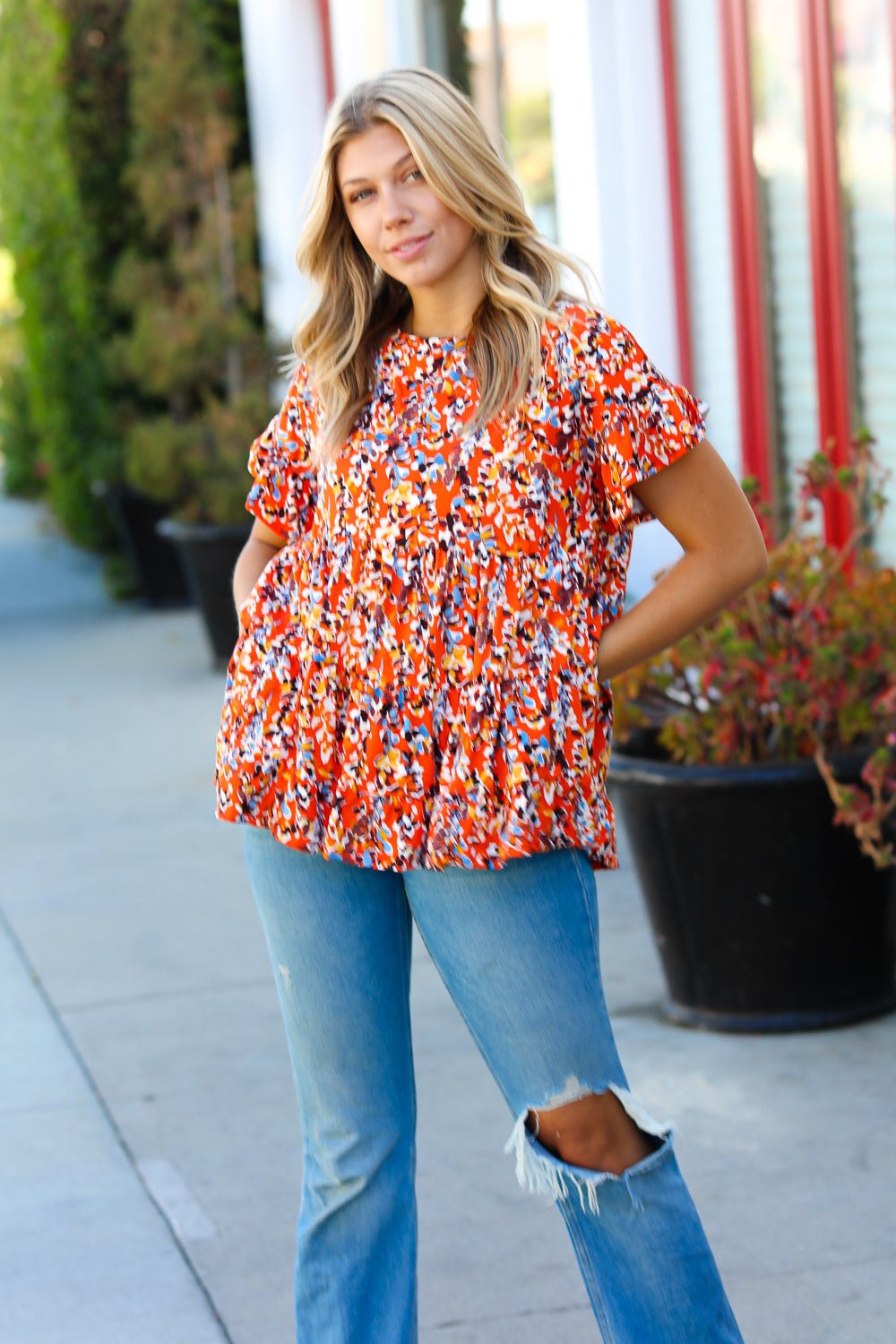 Rust & Chocolate Floral Frill Ruffle Hem Tiered Swing Top - Bitsy Gypsy Boutique