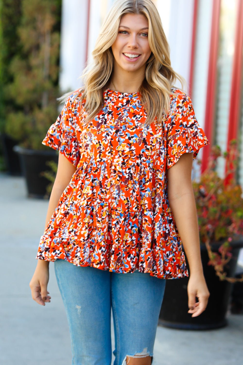 Rust & Chocolate Floral Frill Ruffle Hem Tiered Swing Top - Bitsy Gypsy Boutique