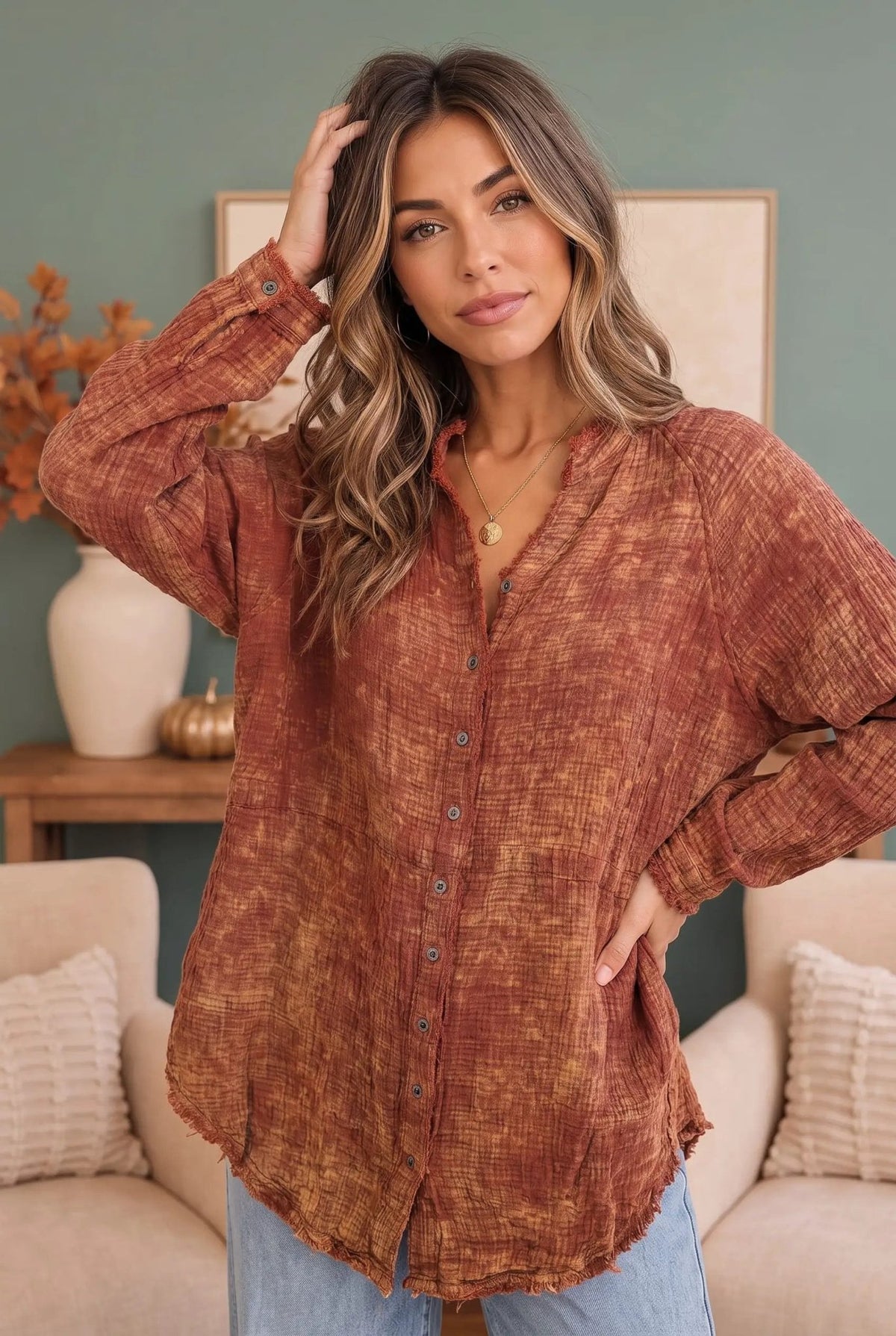 Rust & Gold Washed Button Down Gauze Shirt - Bitsy Gypsy Boutique