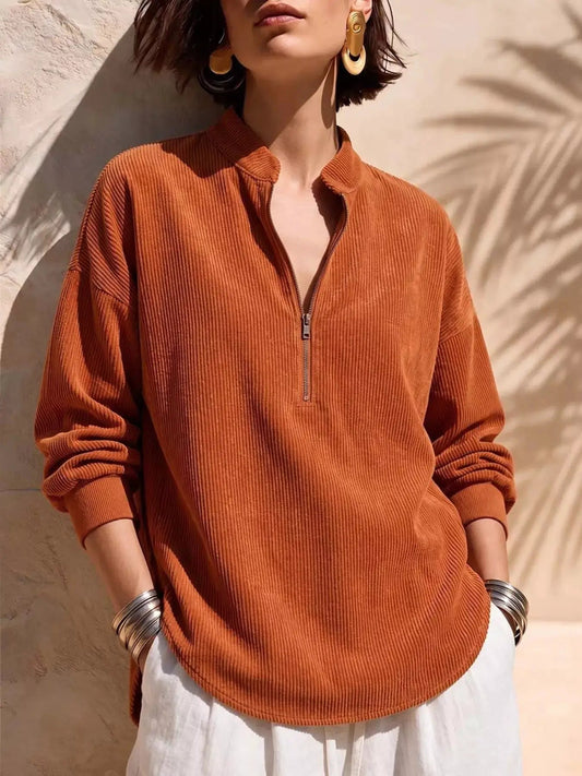 Rust Half Zip Corduroy Dropped Shoulder Plus Size Top - Bitsy Gypsy Boutique