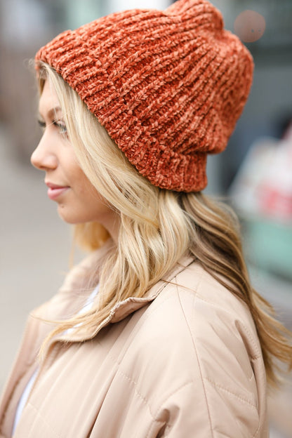 Rust Knit Velvet Chenille Fold Over Beanie - Bitsy Gypsy Boutique