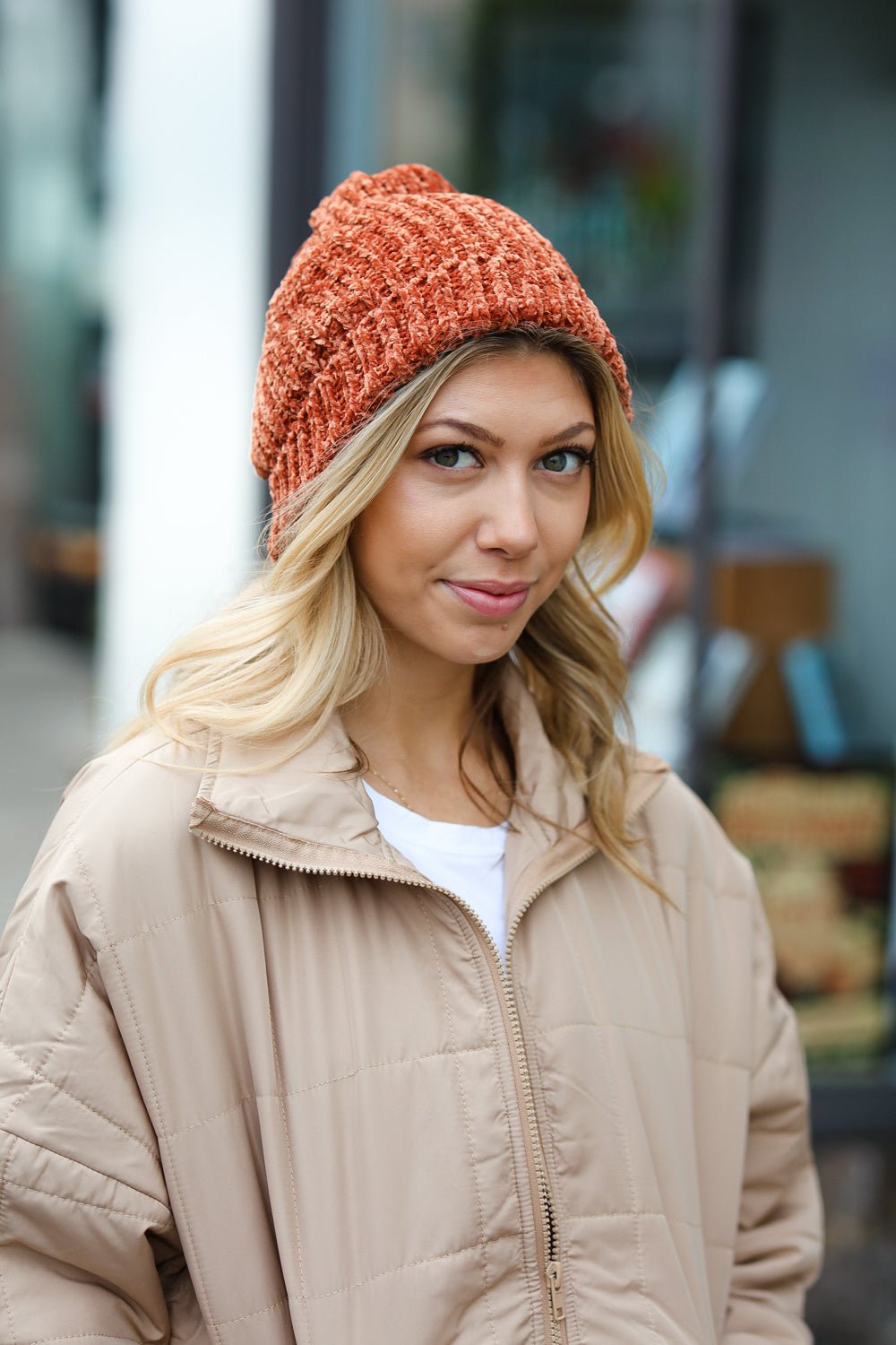 Rust Knit Velvet Chenille Fold Over Beanie - Bitsy Gypsy Boutique