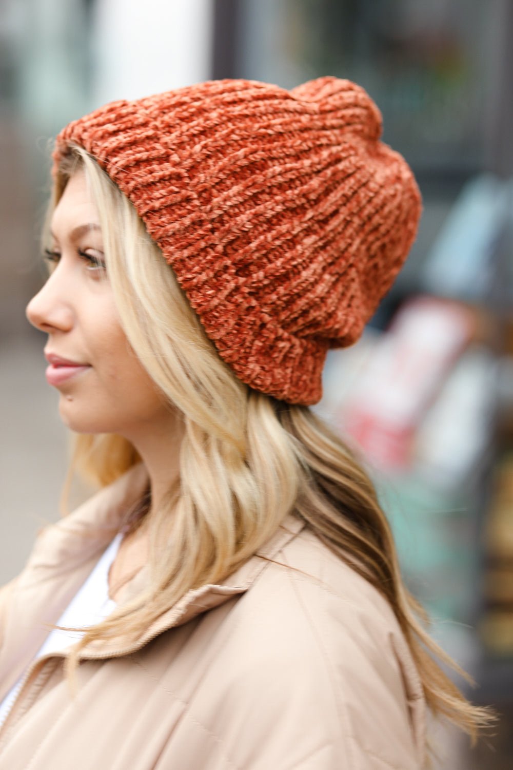 Rust Knit Velvet Chenille Fold Over Beanie - Bitsy Gypsy Boutique