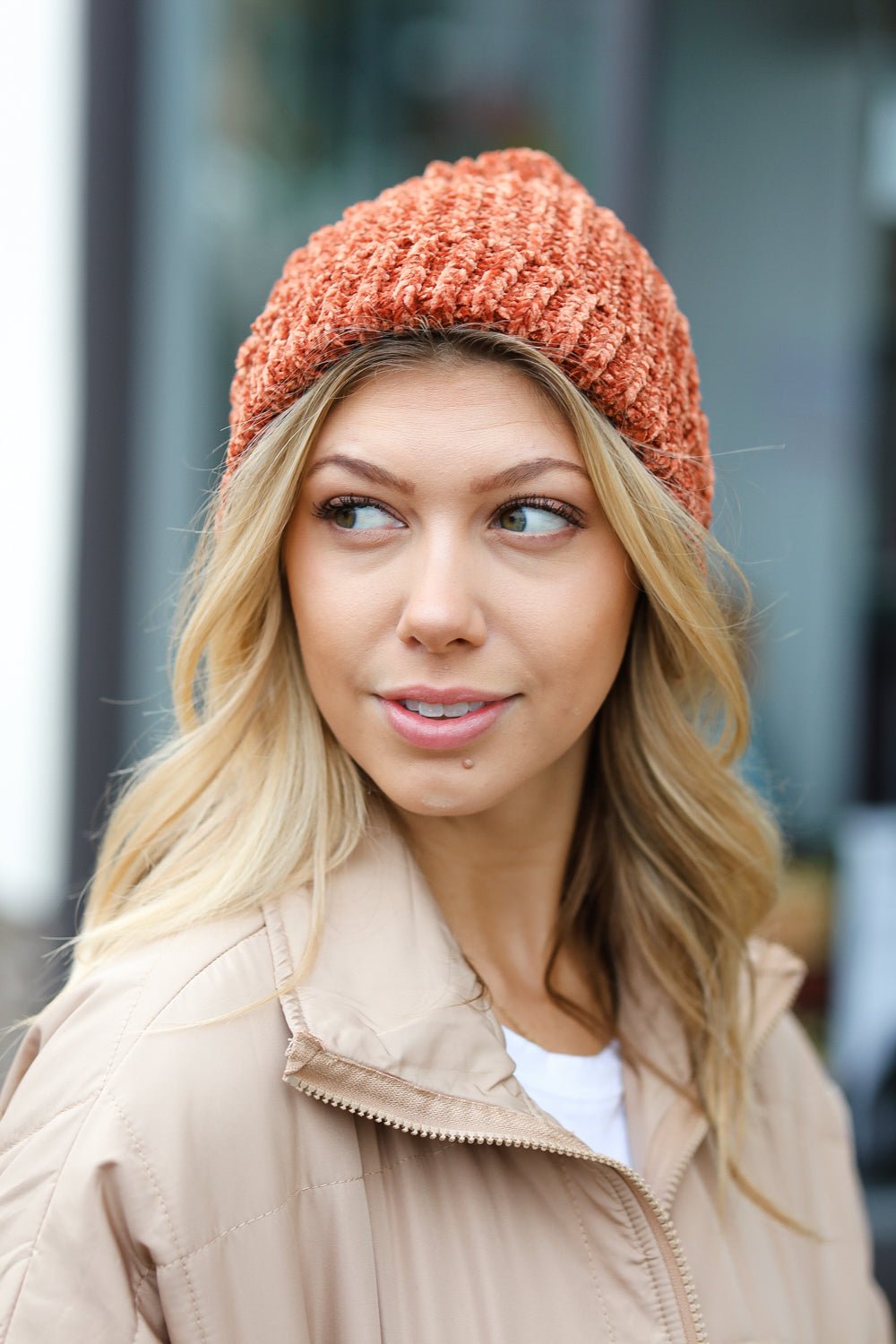 Rust Knit Velvet Chenille Fold Over Beanie - Bitsy Gypsy Boutique