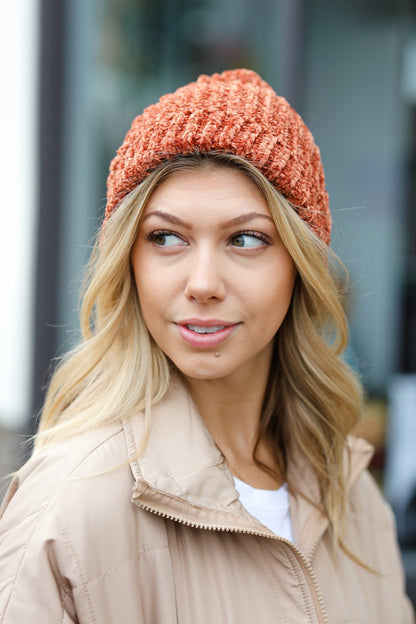 Rust Knit Velvet Chenille Fold Over Beanie - Bitsy Gypsy Boutique