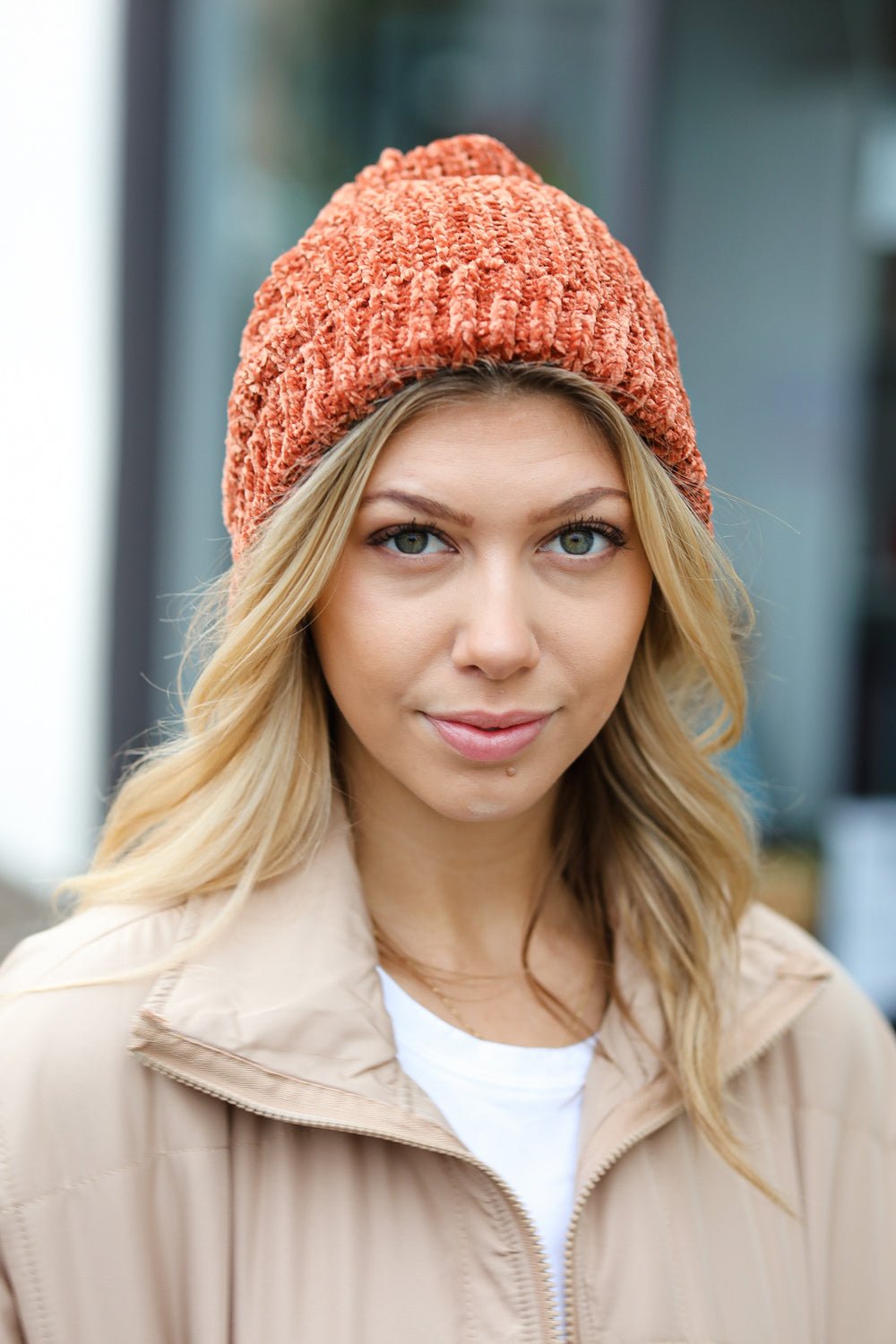 Rust Knit Velvet Chenille Fold Over Beanie - Bitsy Gypsy Boutique