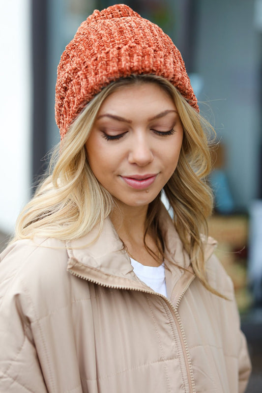 Rust Knit Velvet Chenille Fold Over Beanie - Bitsy Gypsy Boutique