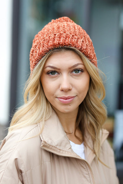 Rust Knit Velvet Chenille Fold Over Beanie - Bitsy Gypsy Boutique