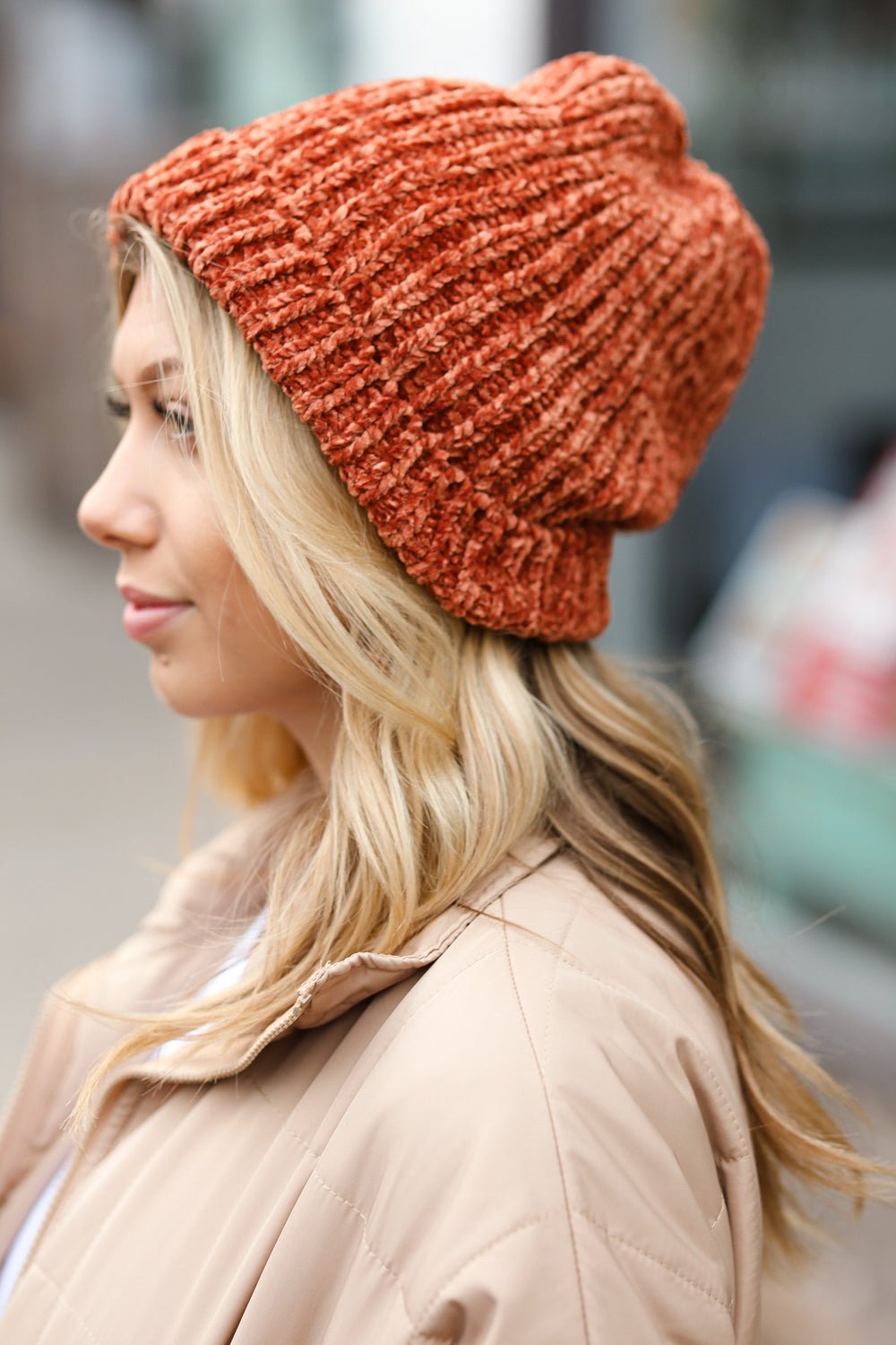 Rust Knit Velvet Chenille Fold Over Beanie - Bitsy Gypsy Boutique