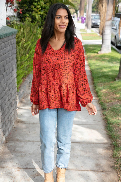 Rust Leopard Wool Dobby Woven Knit Top - Bitsy Gypsy Boutique