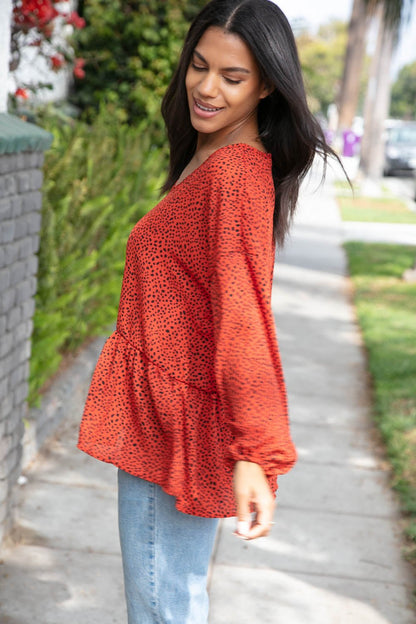 Rust Leopard Wool Dobby Woven Knit Top - Bitsy Gypsy Boutique