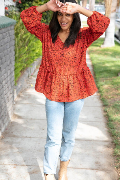 Rust Leopard Wool Dobby Woven Knit Top - Bitsy Gypsy Boutique