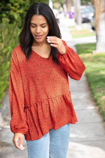 Rust Leopard Wool Dobby Woven Knit Top - Bitsy Gypsy Boutique