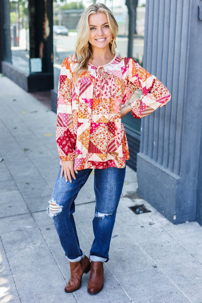 Rust & Magenta Patchwork Print Front Tie Boho Top - Bitsy Gypsy Boutique