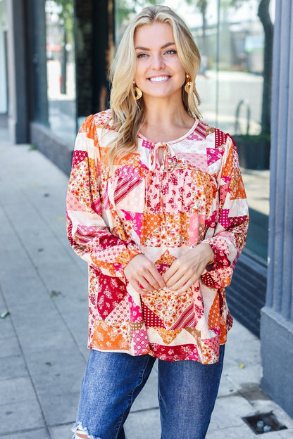 Rust & Magenta Patchwork Print Front Tie Boho Top - Bitsy Gypsy Boutique