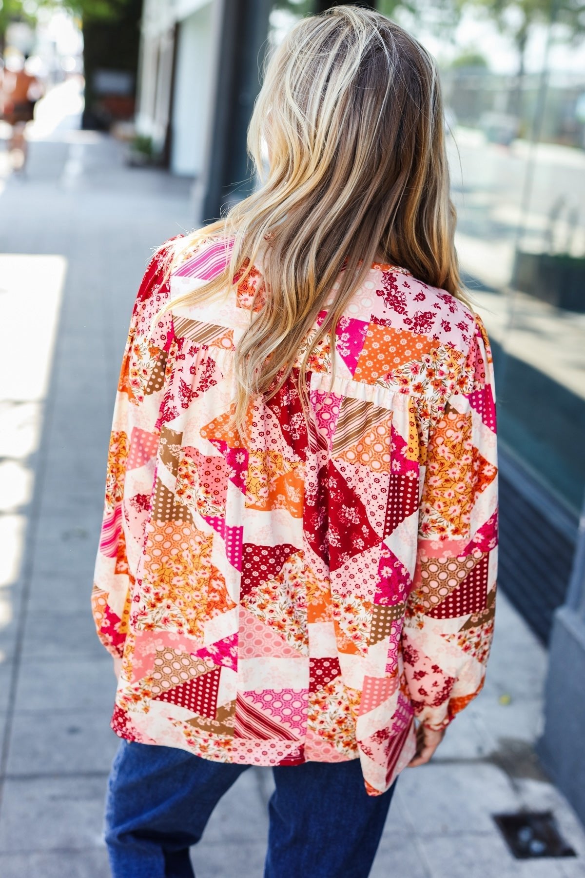 Rust & Magenta Patchwork Print Front Tie Boho Top - Bitsy Gypsy Boutique