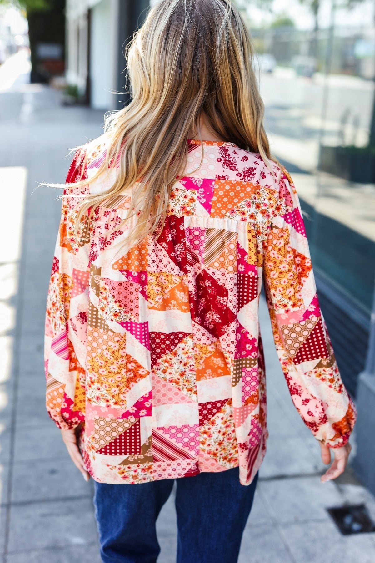 Rust & Magenta Patchwork Print Front Tie Boho Top - Bitsy Gypsy Boutique
