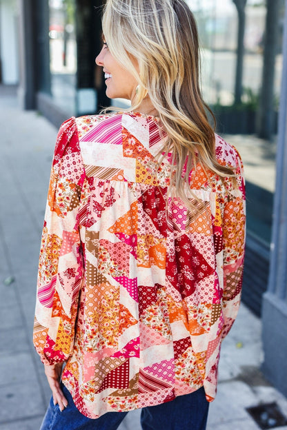 Rust & Magenta Patchwork Print Front Tie Boho Top - Bitsy Gypsy Boutique