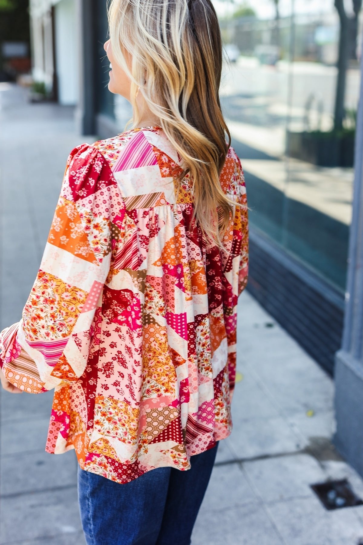 Rust & Magenta Patchwork Print Front Tie Boho Top - Bitsy Gypsy Boutique