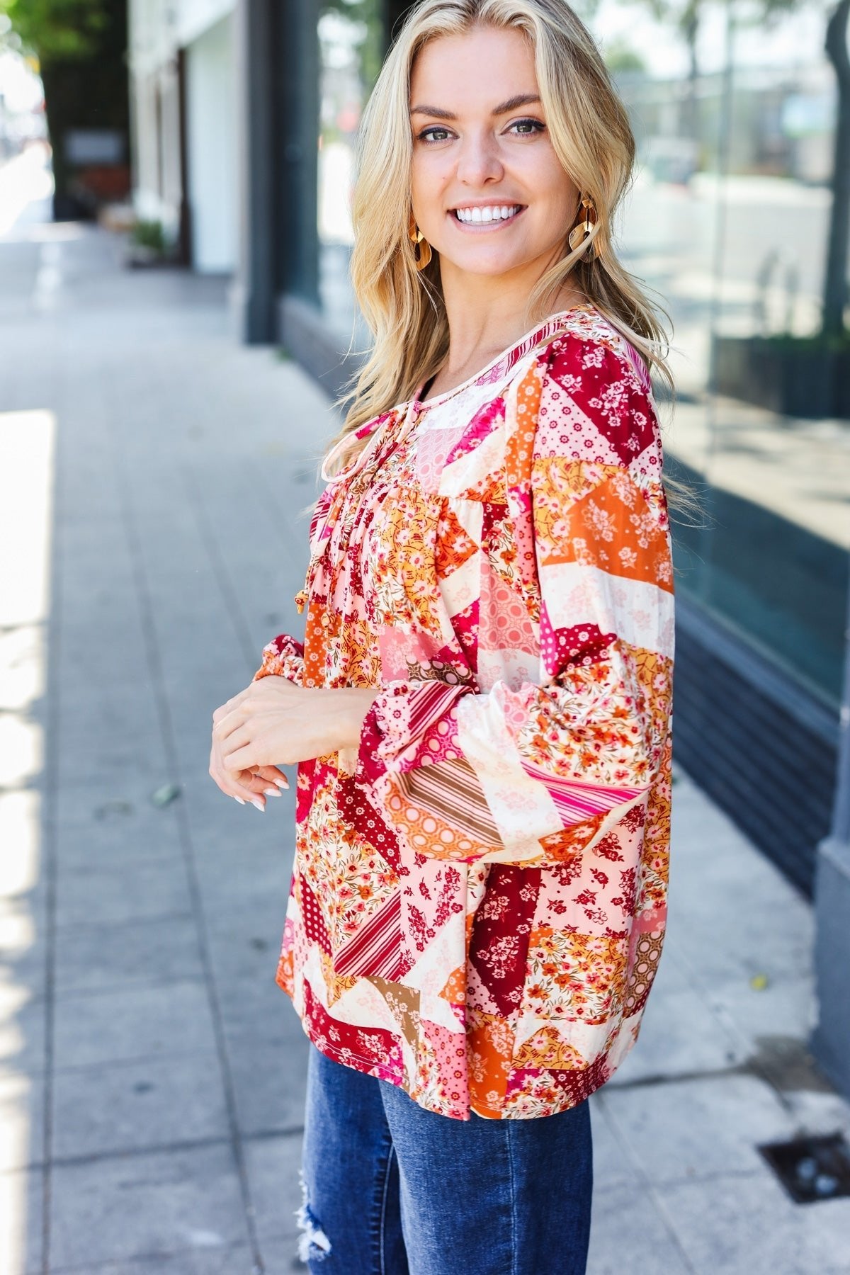 Rust & Magenta Patchwork Print Front Tie Boho Top - Bitsy Gypsy Boutique