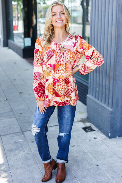 Rust & Magenta Patchwork Print Front Tie Boho Top - Bitsy Gypsy Boutique