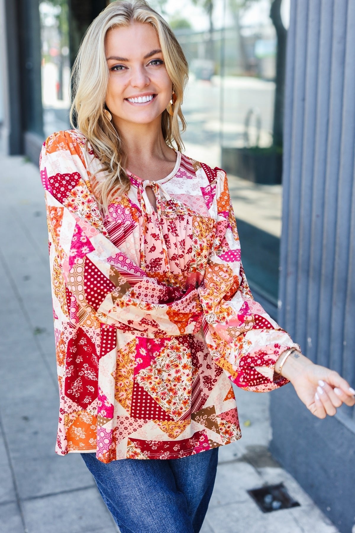 Rust & Magenta Patchwork Print Front Tie Boho Top - Bitsy Gypsy Boutique