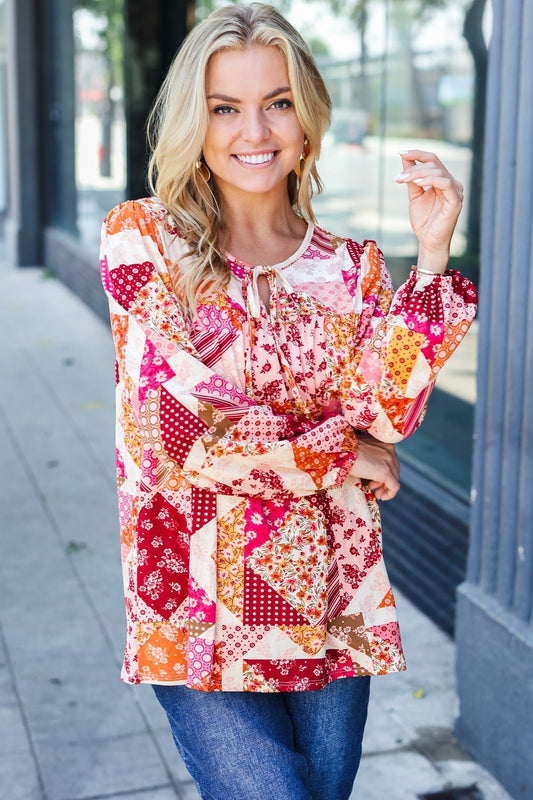 Rust & Magenta Patchwork Print Front Tie Boho Top - Bitsy Gypsy Boutique