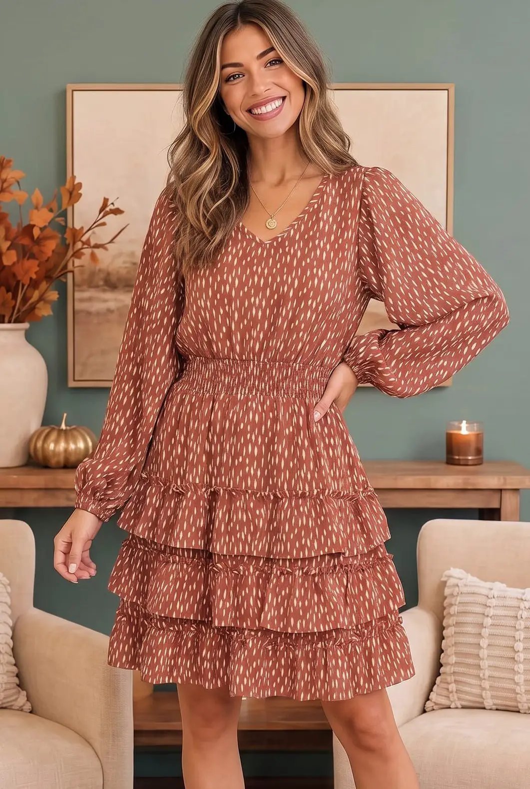 Rust Speckled Ruffle Tiered Mini Dress by Haptics