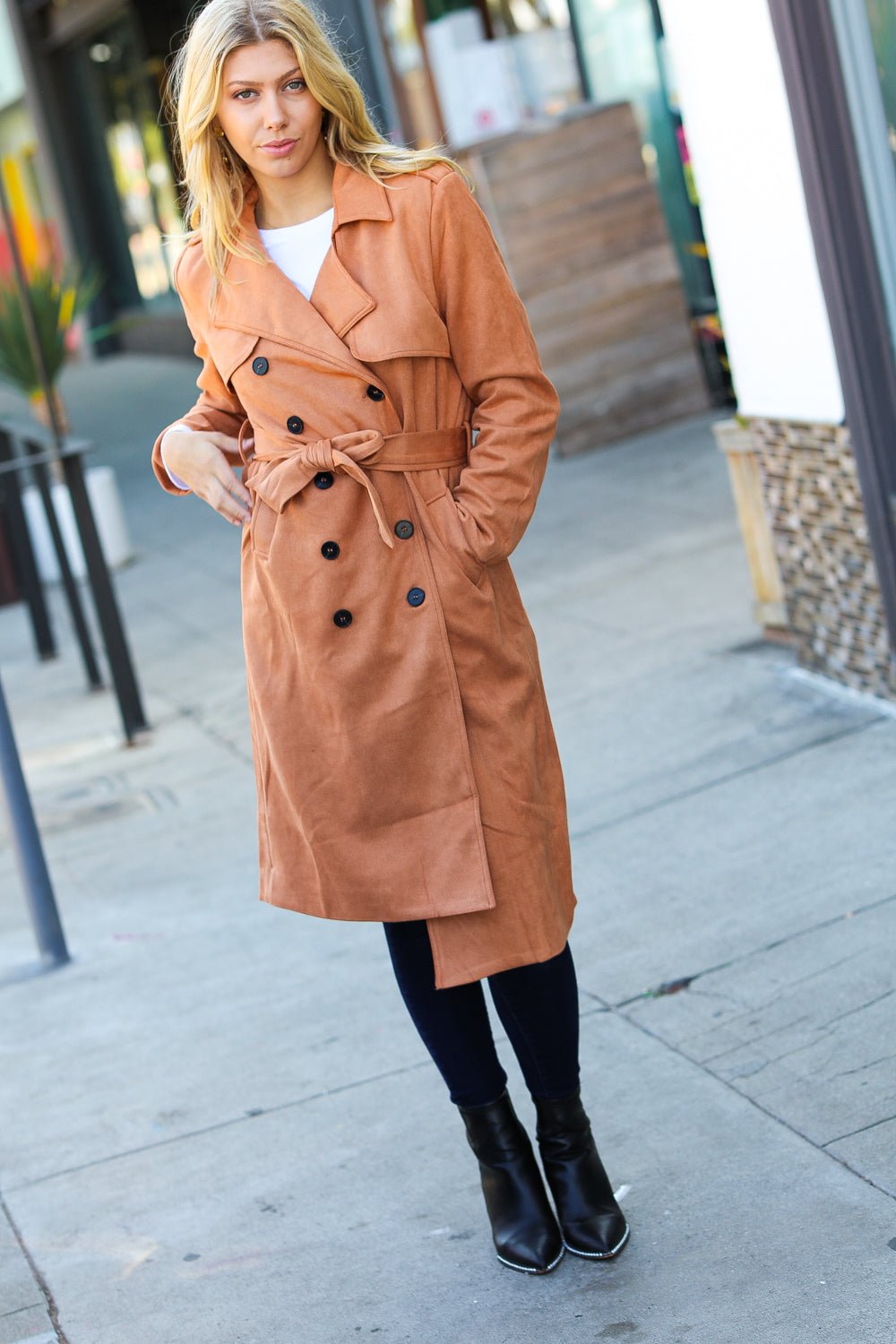 Rust Suede Double Breasted Belted Lined Trench Coat - Bitsy Gypsy Boutique