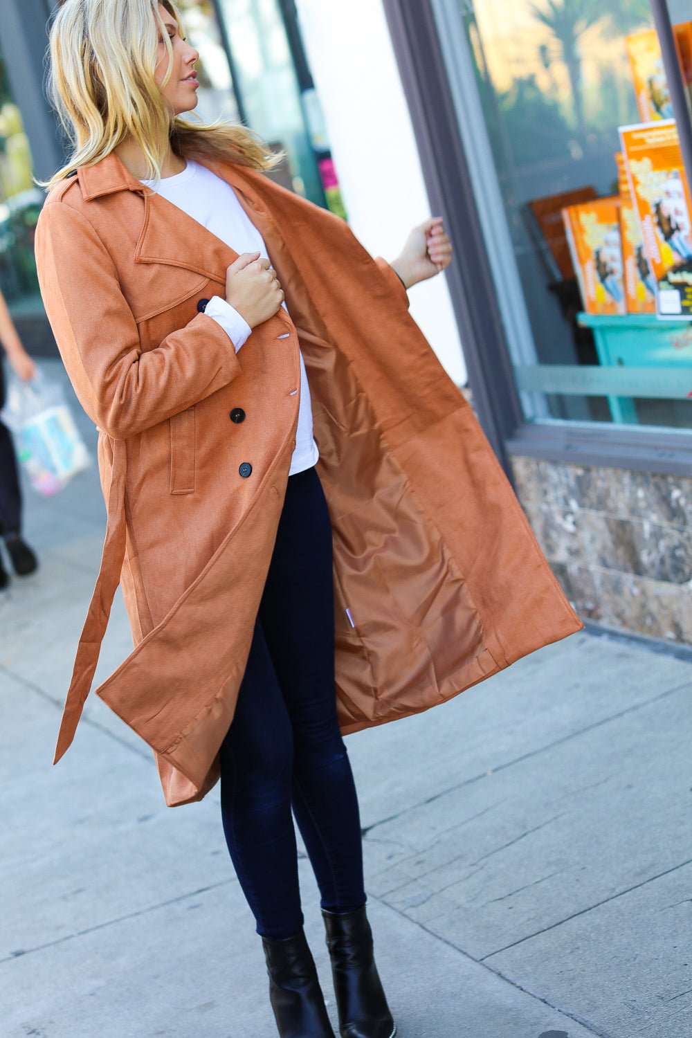 Rust Suede Double Breasted Belted Lined Trench Coat - Bitsy Gypsy Boutique