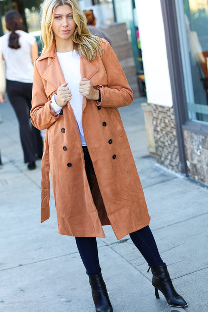 Rust Suede Double Breasted Belted Lined Trench Coat - Bitsy Gypsy Boutique