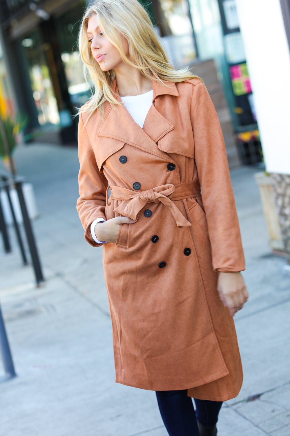 Rust Suede Double Breasted Belted Lined Trench Coat - Bitsy Gypsy Boutique