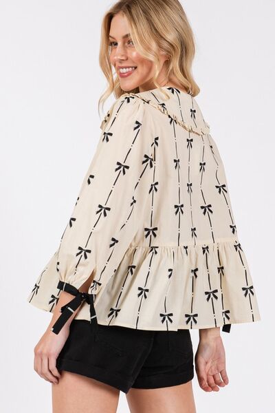 SAGE + FIG Bow Print Tie Front Babydoll Blouse - Bitsy Gypsy Boutique