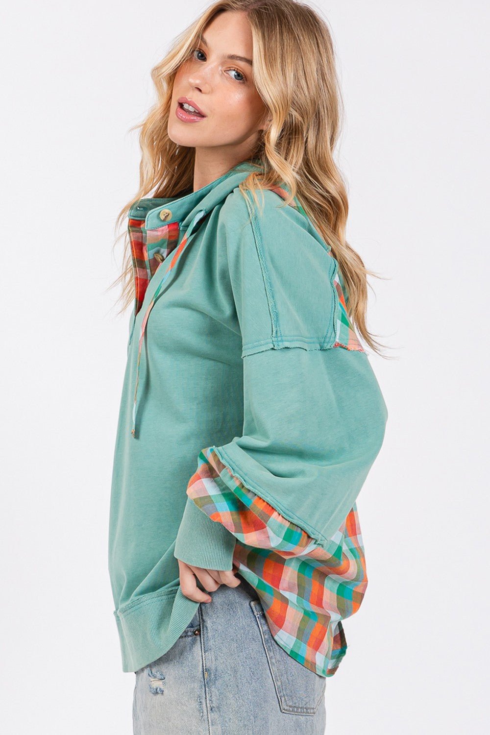 SAGE + FIG Full Size Plaid Print Washed Hoodie - Bitsy Gypsy Boutique