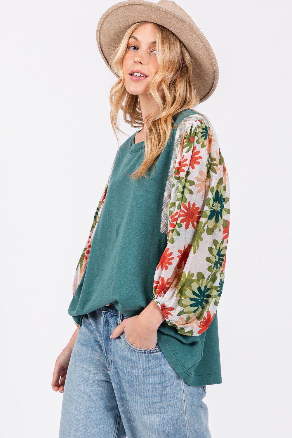 SAGE + FIG Full Size Printed Balloon Sleeve Contrast Top - Bitsy Gypsy Boutique