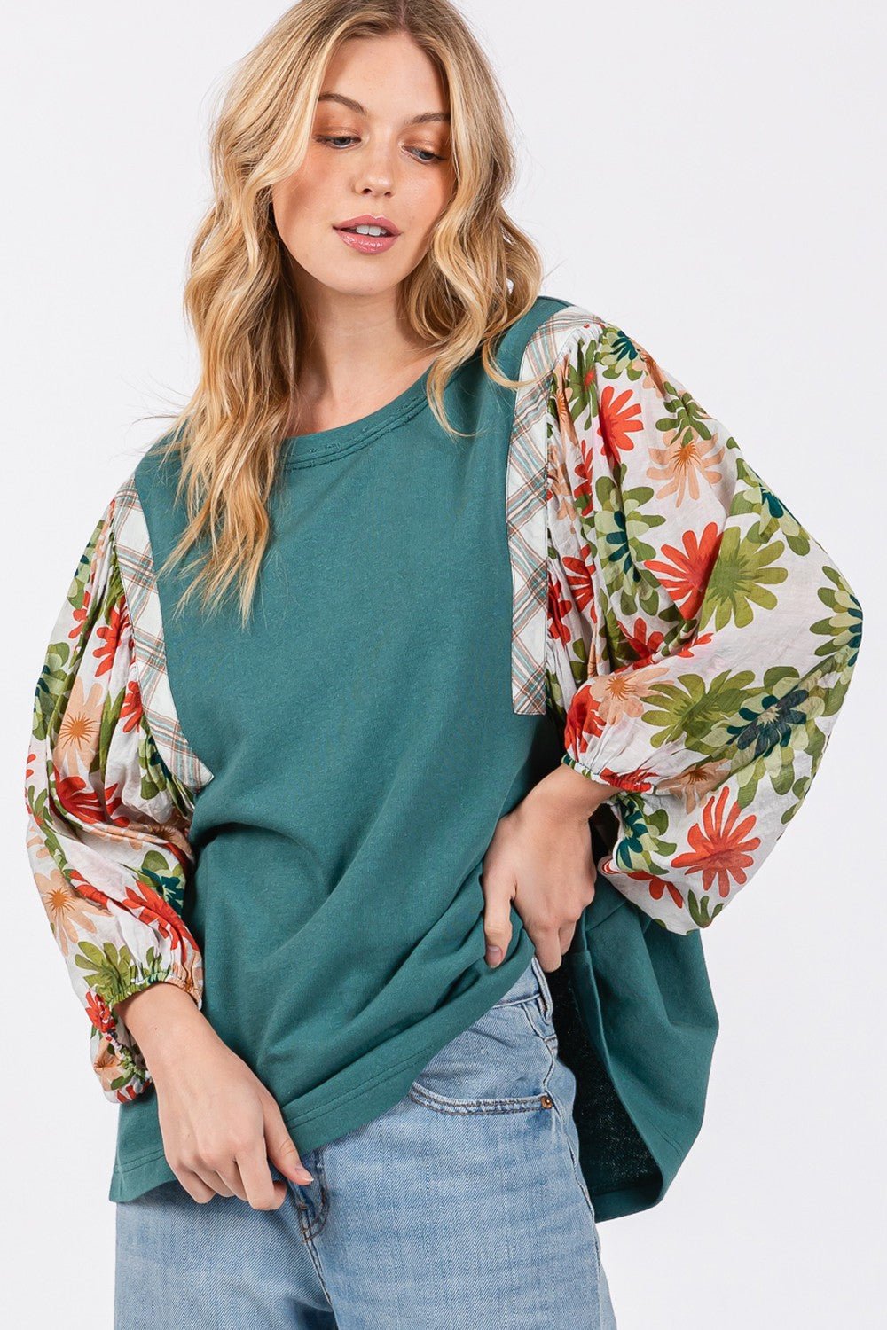 SAGE + FIG Full Size Printed Balloon Sleeve Contrast Top - Bitsy Gypsy Boutique