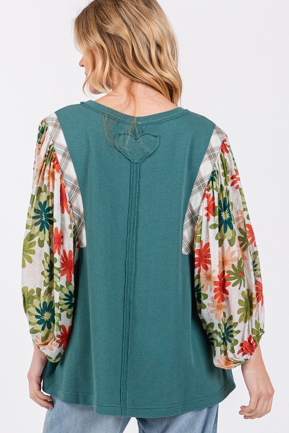 SAGE + FIG Full Size Printed Balloon Sleeve Contrast Top - Bitsy Gypsy Boutique