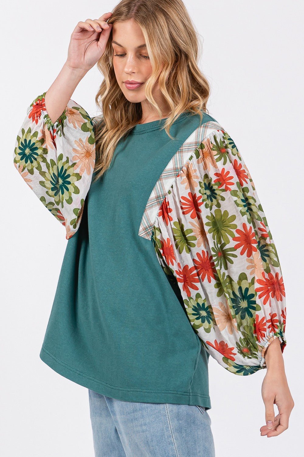 SAGE + FIG Full Size Printed Balloon Sleeve Contrast Top - Bitsy Gypsy Boutique