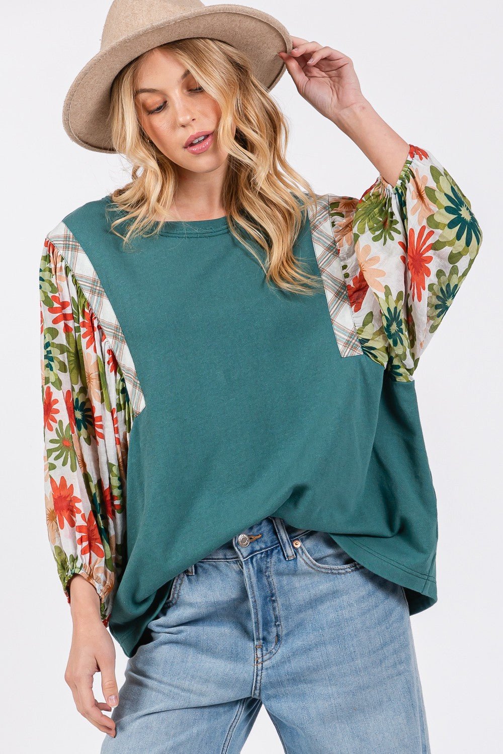 SAGE + FIG Full Size Printed Balloon Sleeve Contrast Top - Bitsy Gypsy Boutique
