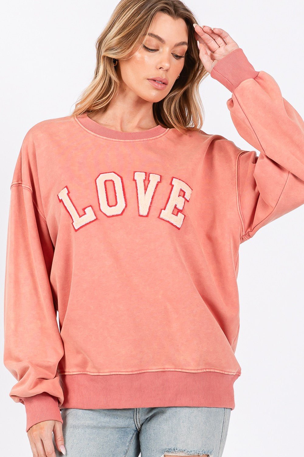 SAGE + FIG LOVE Path Applique Drop Shoulder Sweatshirt - Bitsy Gypsy Boutique