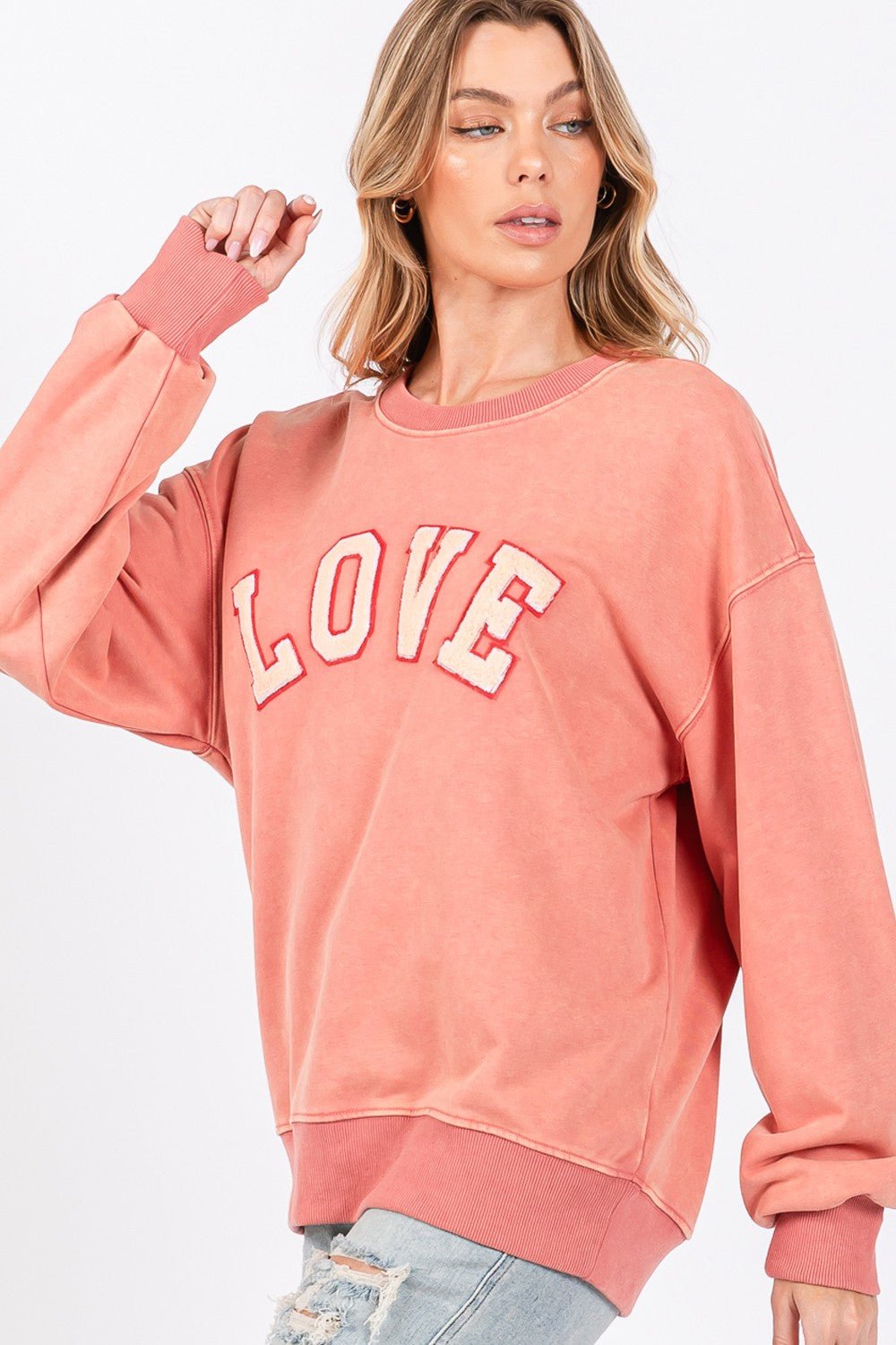 SAGE + FIG LOVE Path Applique Drop Shoulder Sweatshirt - Bitsy Gypsy Boutique