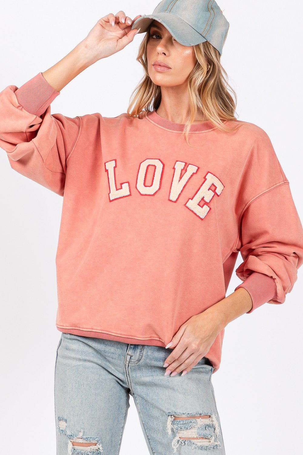 SAGE + FIG LOVE Path Applique Drop Shoulder Sweatshirt - Bitsy Gypsy Boutique