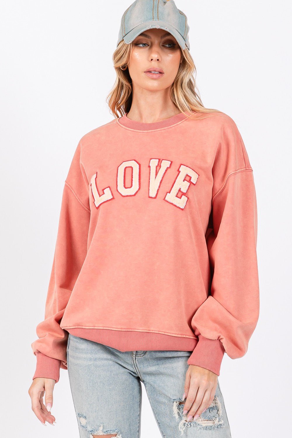 SAGE + FIG LOVE Path Applique Drop Shoulder Sweatshirt - Bitsy Gypsy Boutique
