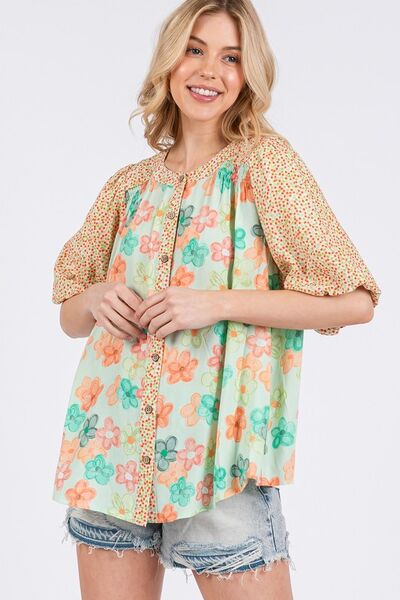 SAGE+FIG Button Down Bubble Sleeves Shirt - Bitsy Gypsy Boutique