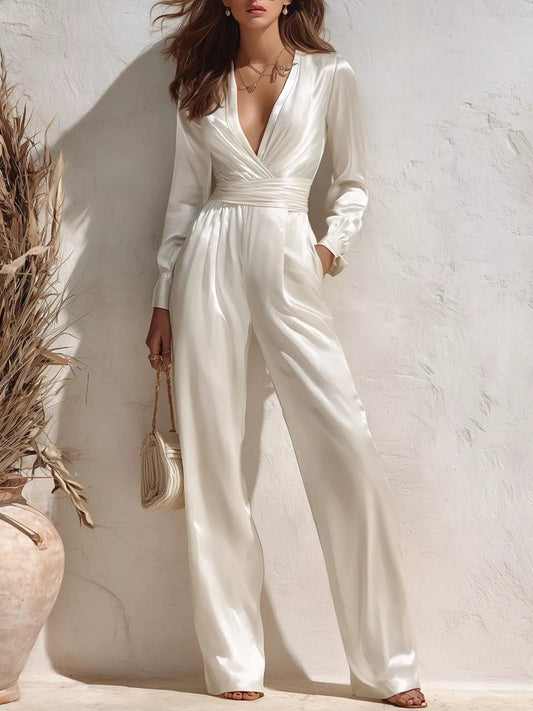Satin Long Sleeve Wide Leg Jumpsuit - Bitsy Gypsy Boutique