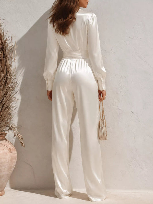 Satin Long Sleeve Wide Leg Jumpsuit - Bitsy Gypsy Boutique