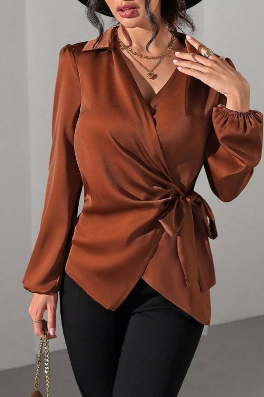 Satin Tied Detail Long Sleeve Blouse - Bitsy Gypsy Boutique