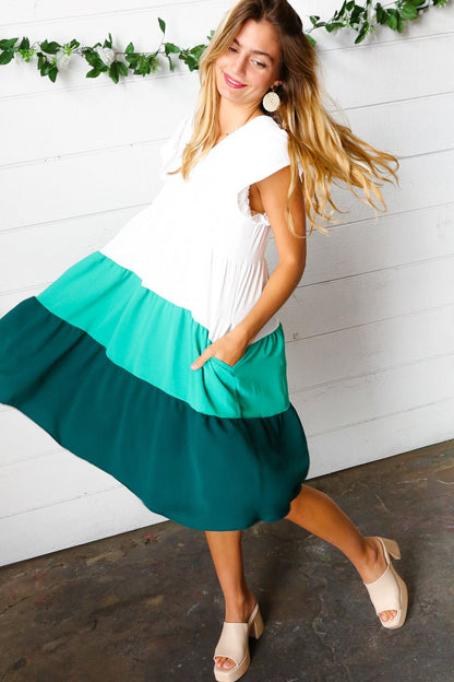 Seafoam & Emerald Tiered Frill Sleeve Midi Dress - Bitsy Gypsy Boutique